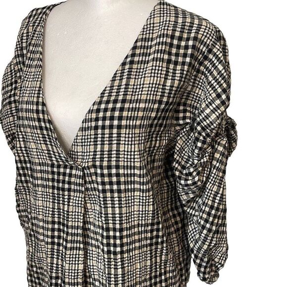 Zara Basic Womens Plaid Blouse Top Twist Knot Sleeve Black Cream Size Small - Picture 2 of 8